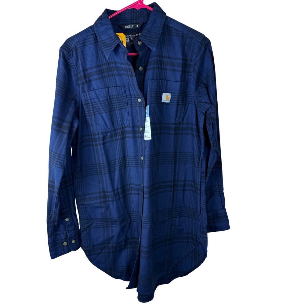 Carhartt Womens Rugged Flex Relaxed Fit Midweight Flannel Plaid Tunic Navy M